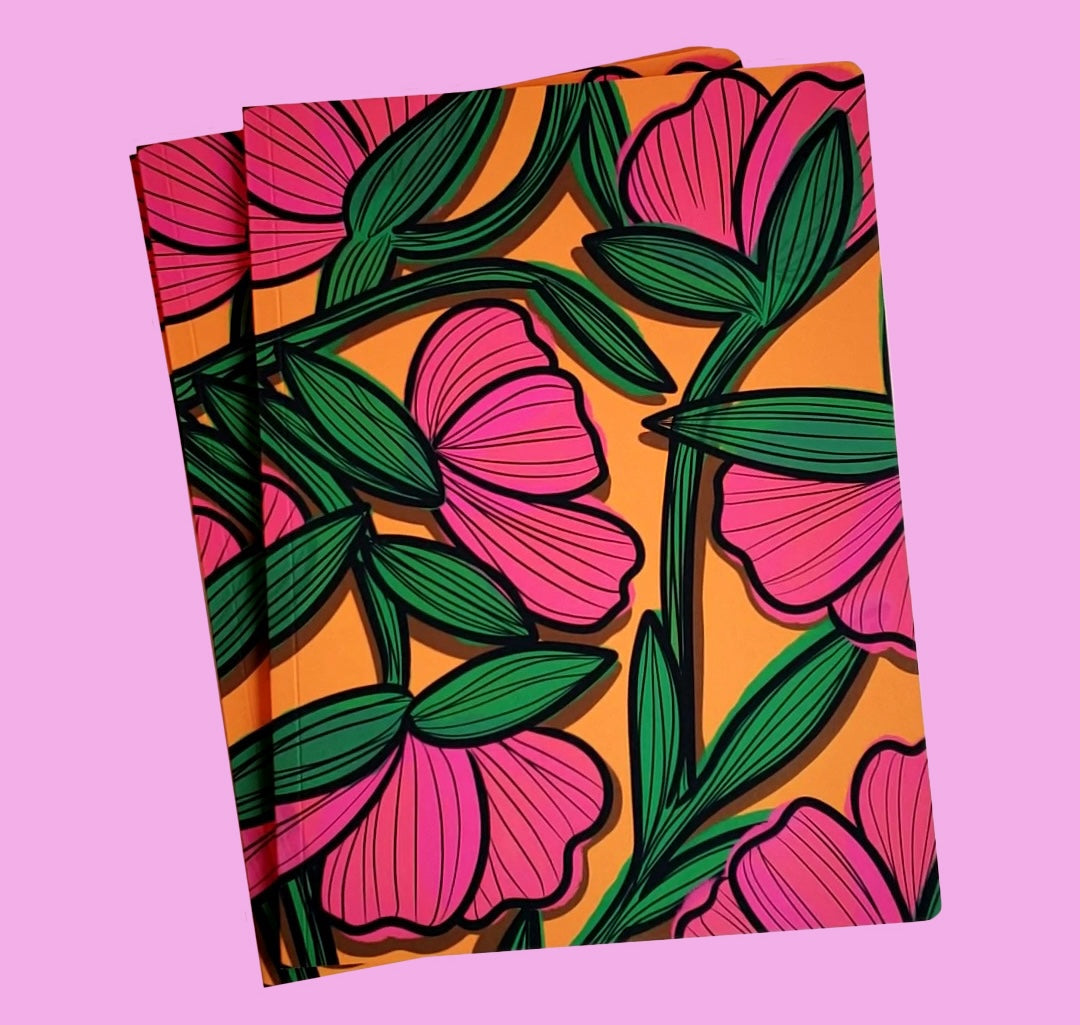 Pink Flower, Orange Background - Large Printed Journal